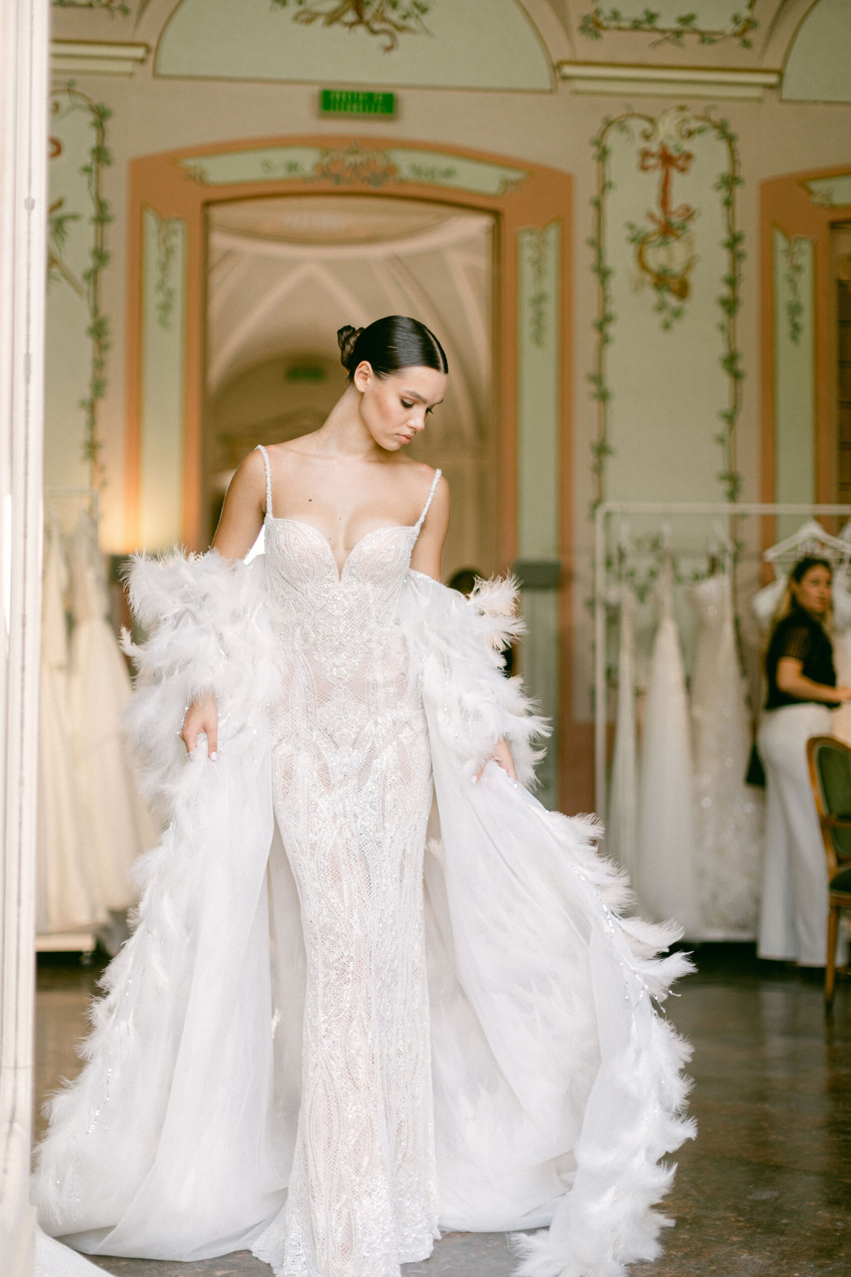 The Biggest 2024 Wedding Dress Trends: Feathered Capes and Black Elegance From Milano Bridal Fashion Week
